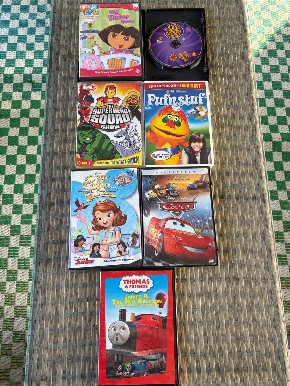 Bundle Of 7 Kids DVDs Dora,Thomas, Sofia.Cars, Superhero,PufnStuff, Willie Wonka